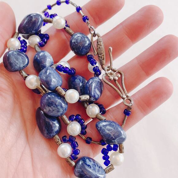 Sodalite Beaded Necklace, 90s Boho Tribal Faux Pearl Gemstone Eclectic Jewelry - Picture 4 of 10